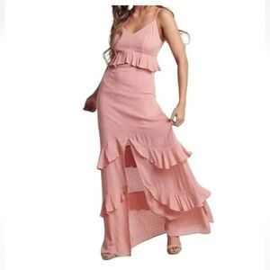 Blue Blush Tiered Ruffle Slit Skirt Maxi Dress Coral Pink Size: M